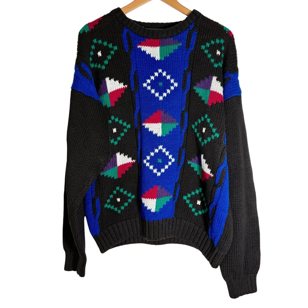 Vintage Etchings 80's Women's Geometric Chunky Crewneck Sweater Black XL